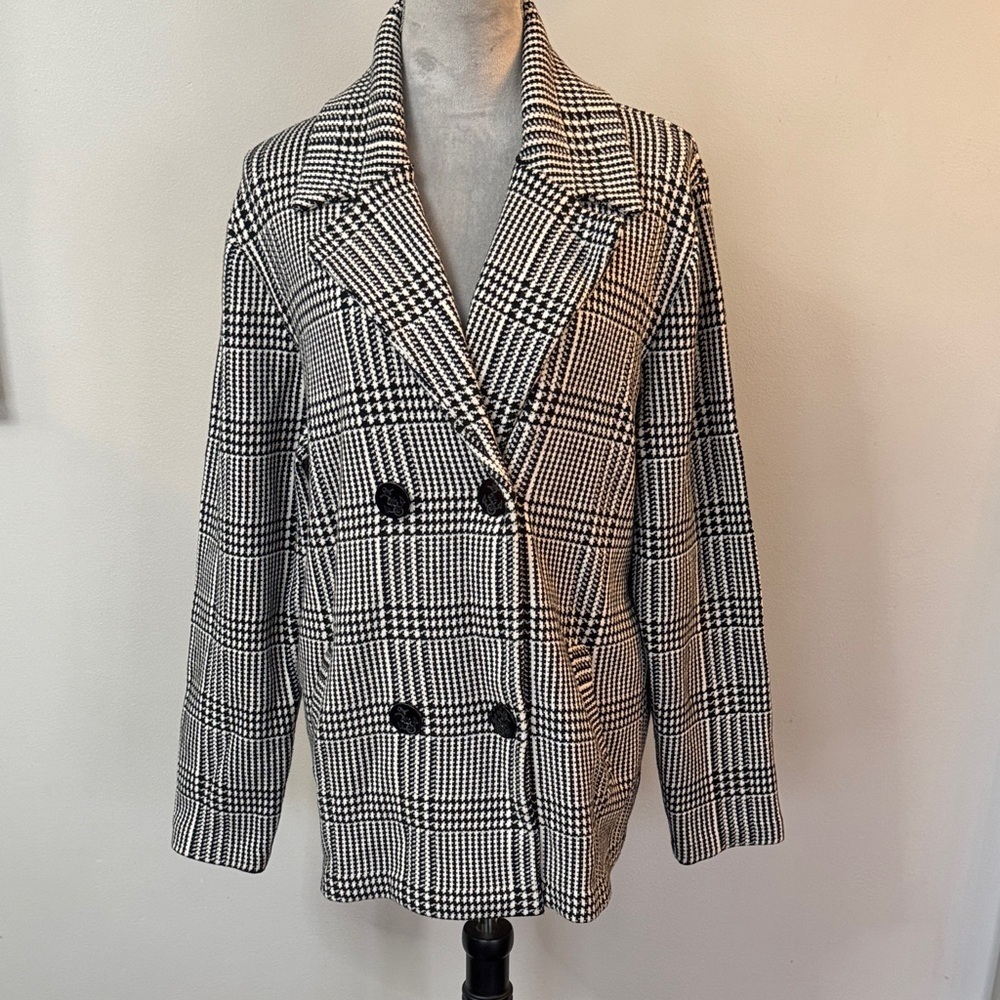 Chaps Monochrome Plaid checkered Pea Coat EUC XXL